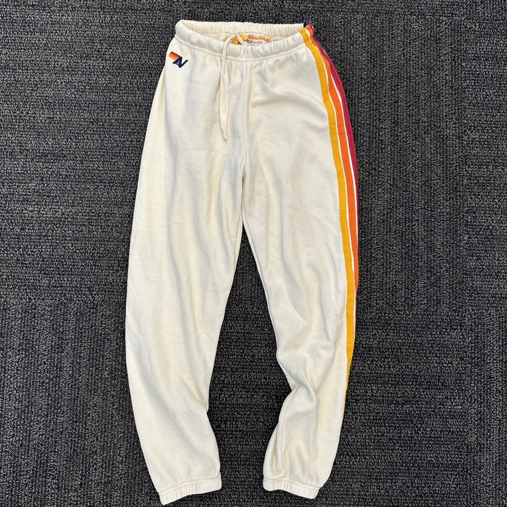 Aviator Nation Classic 4 Stripe Sweatpants Size XS Vintage White Rainbow Joggers